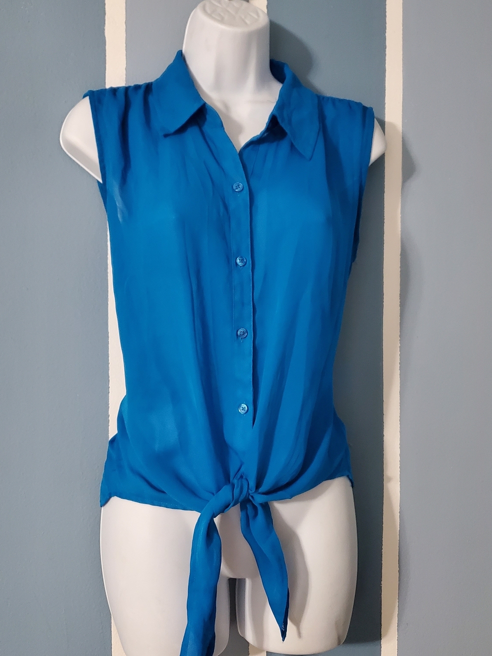 Express Sleeveless Button-Front Tie Hem Top - Bright Blue